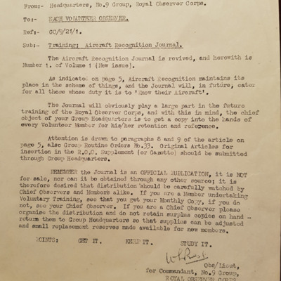 Letter from Headquarters No.9 Group, Royal Observer Corps to all volunteer observers